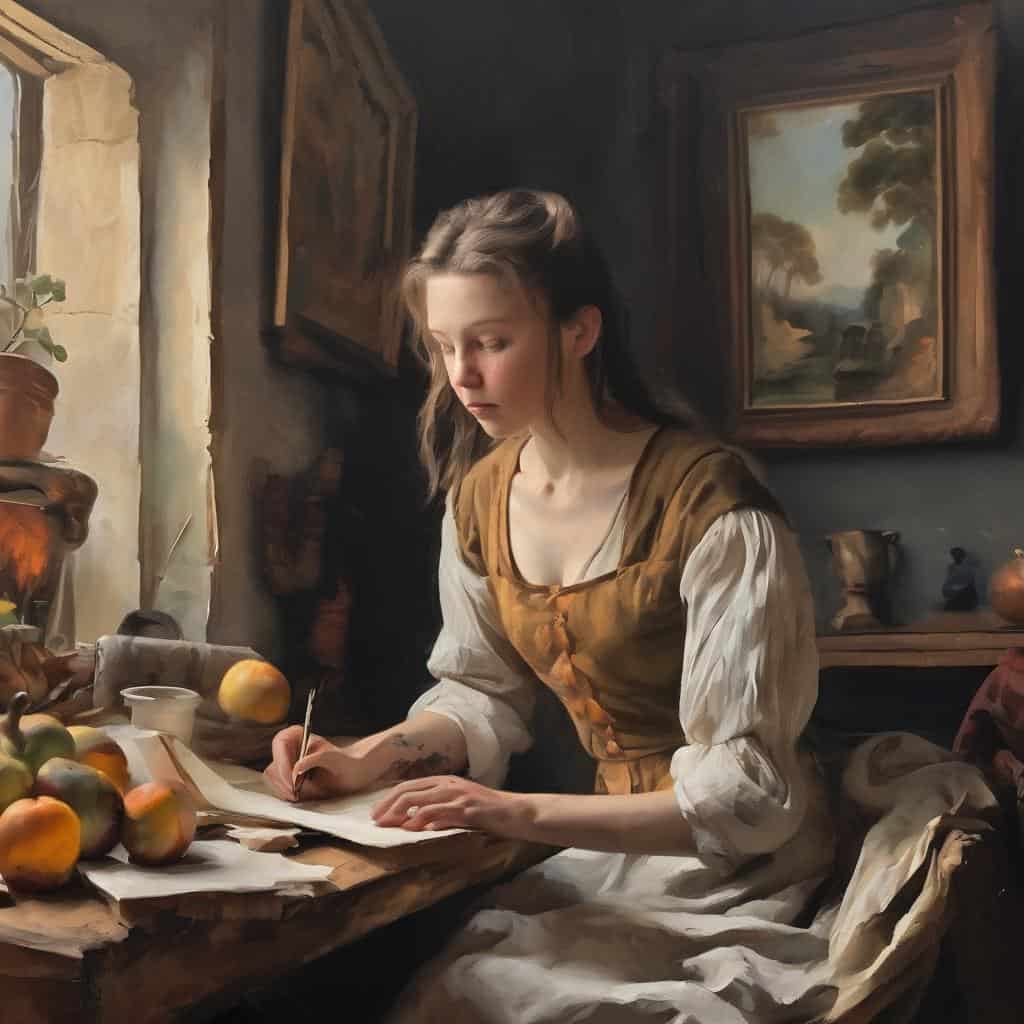 Παραδοσιακός πίνακας ζωγραφικής με νέα γυναίκα σε στούντιο τέχνης, φανταστικό έργο τέχνης, με θέμα την ανακάλυψη των δημιουργών της τέχνης.