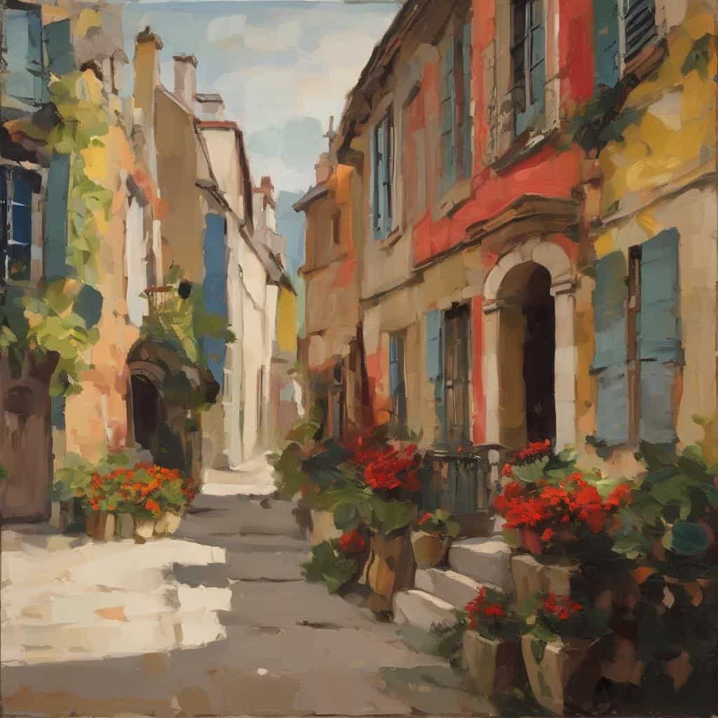 Άνθινα σπίτια σε παλιό δρόμο, τέχνη και πολιτισμός, λιακάδα, λουλούδια, καλλιτεχνική απεικόνιση, ανακάλυψη δημιουργών.