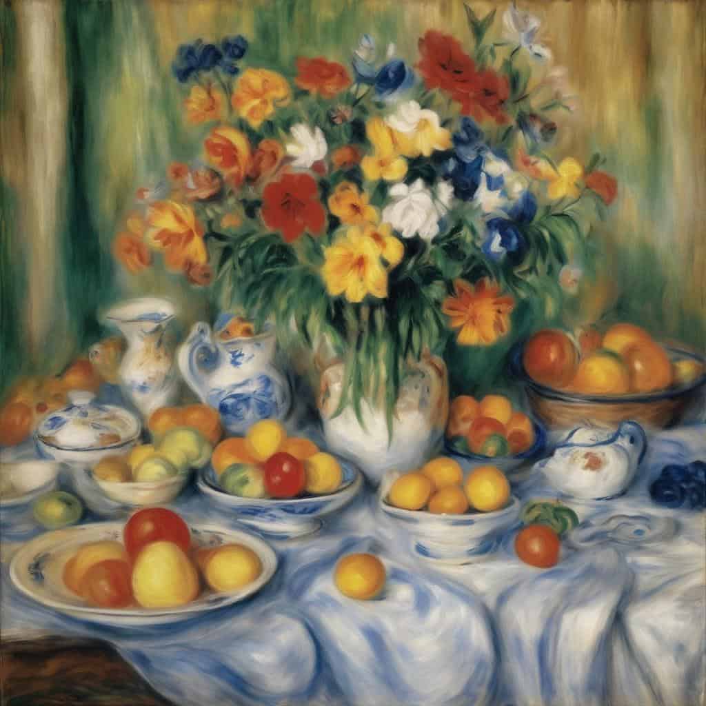 Ρουστίκ ανθοδέσμη με φρούτα και πιάτα σε πίνακα ζωγραφικής, ανακάλυψη δημιουργών τέχνης.