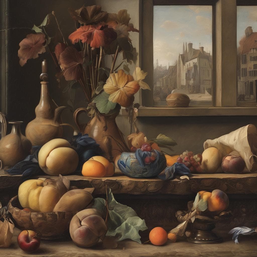 Λουλούδια σε βάζα και φρούτα σε τραπέζι, με πίνακα και παράθυρο στο βάθος, σε ρετρό αίσθηση.