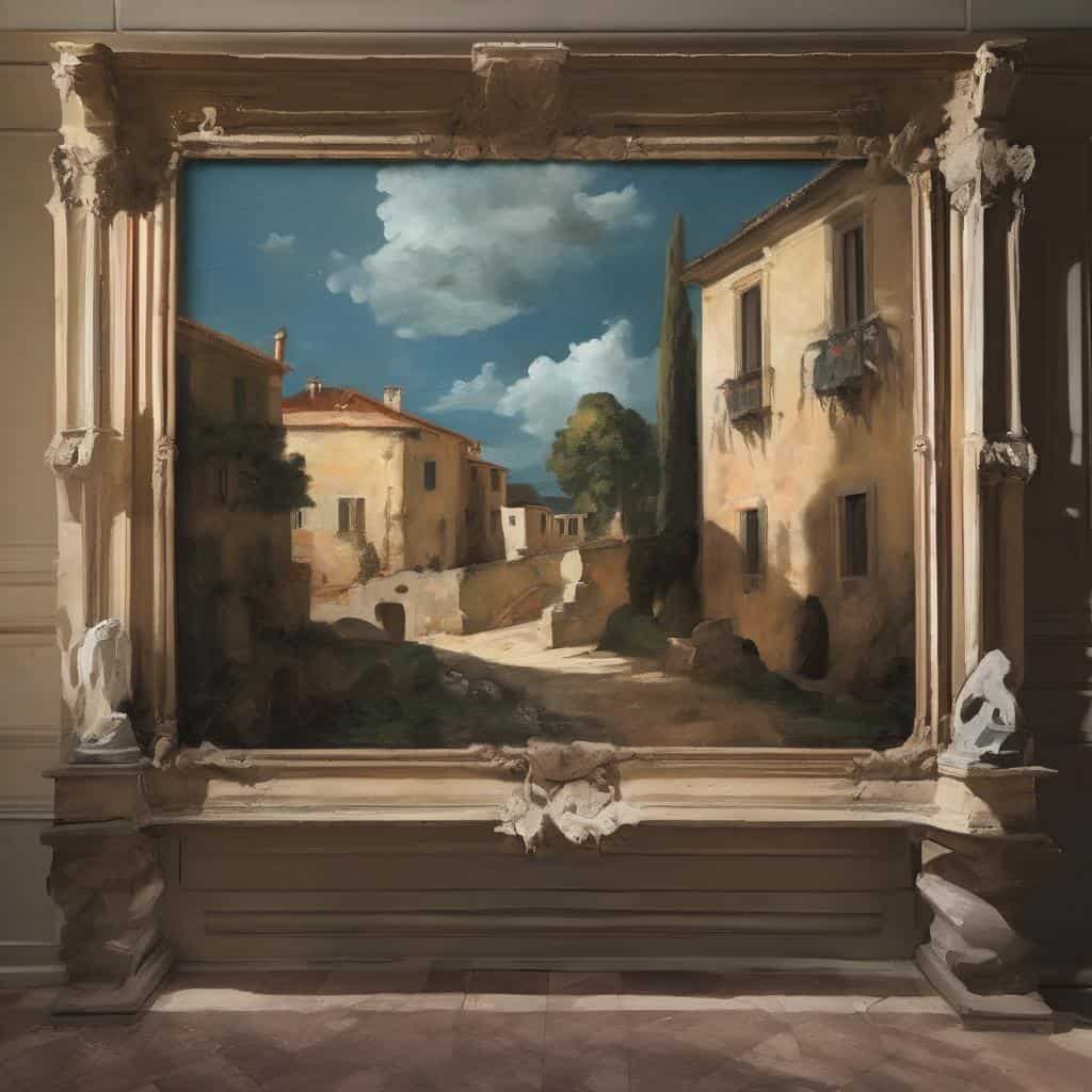 Ουάου, υπέροχη ρεαλιστική ζωγραφιά σε καμβά με γειτονιά και ουρανό.