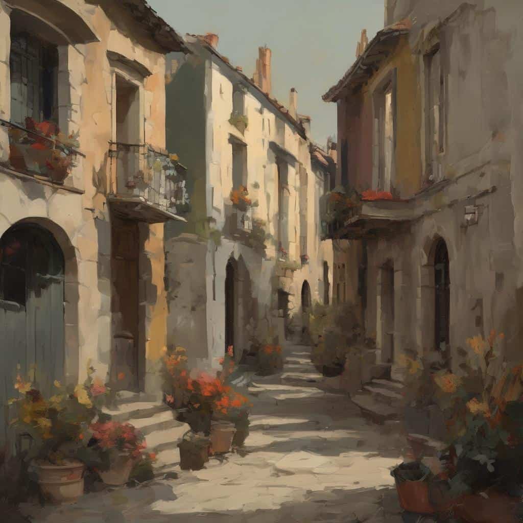 Παλιό αστικό τοπίο με ανθόκηπους σε παραδοσιακή ελληνική γειτονιά.